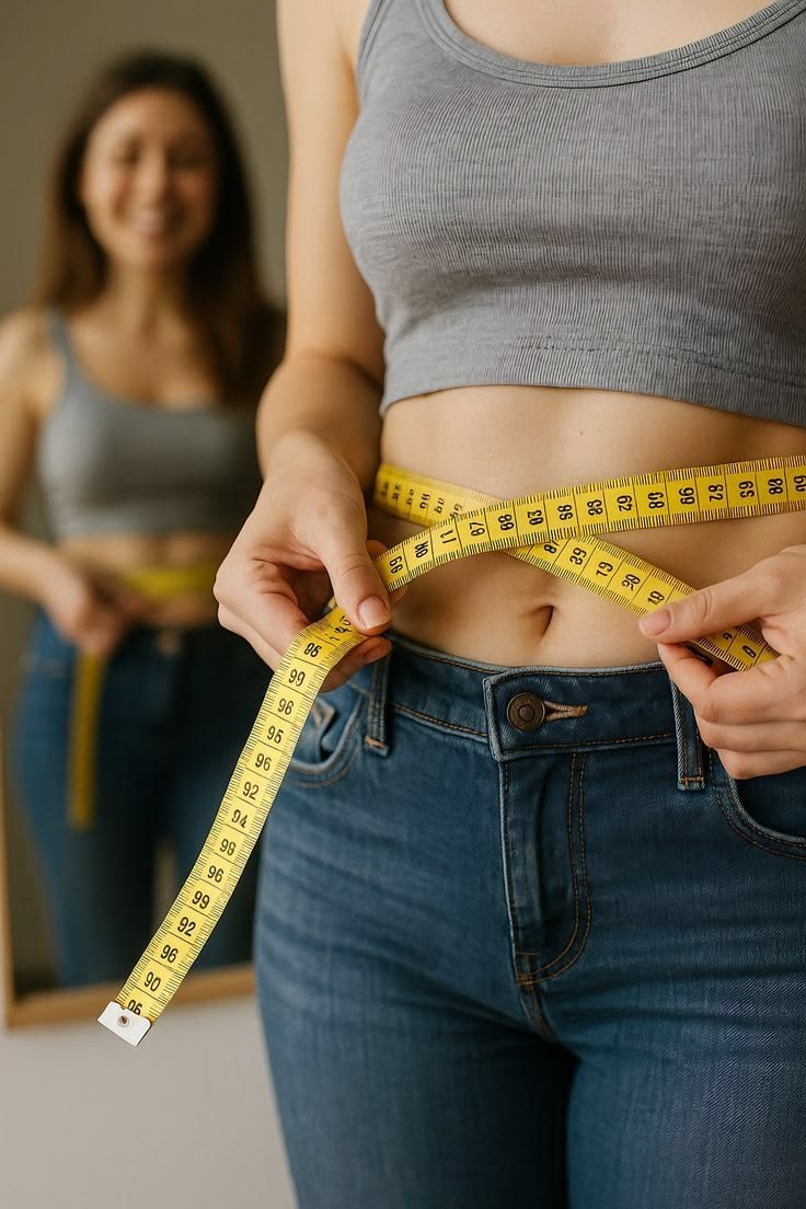 Woman measuring her waist during a healthy lifestyle routine